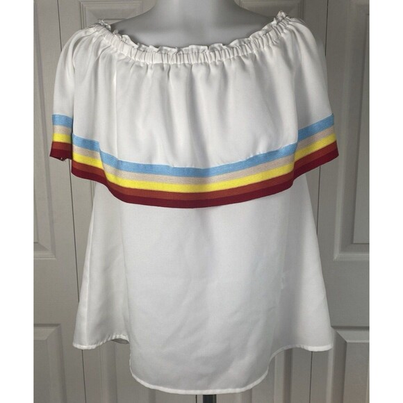 Entro White Summer Pride Festival Off-the-Shoulder Rainbow Ruffle Top - Size S - Picture 2 of 9